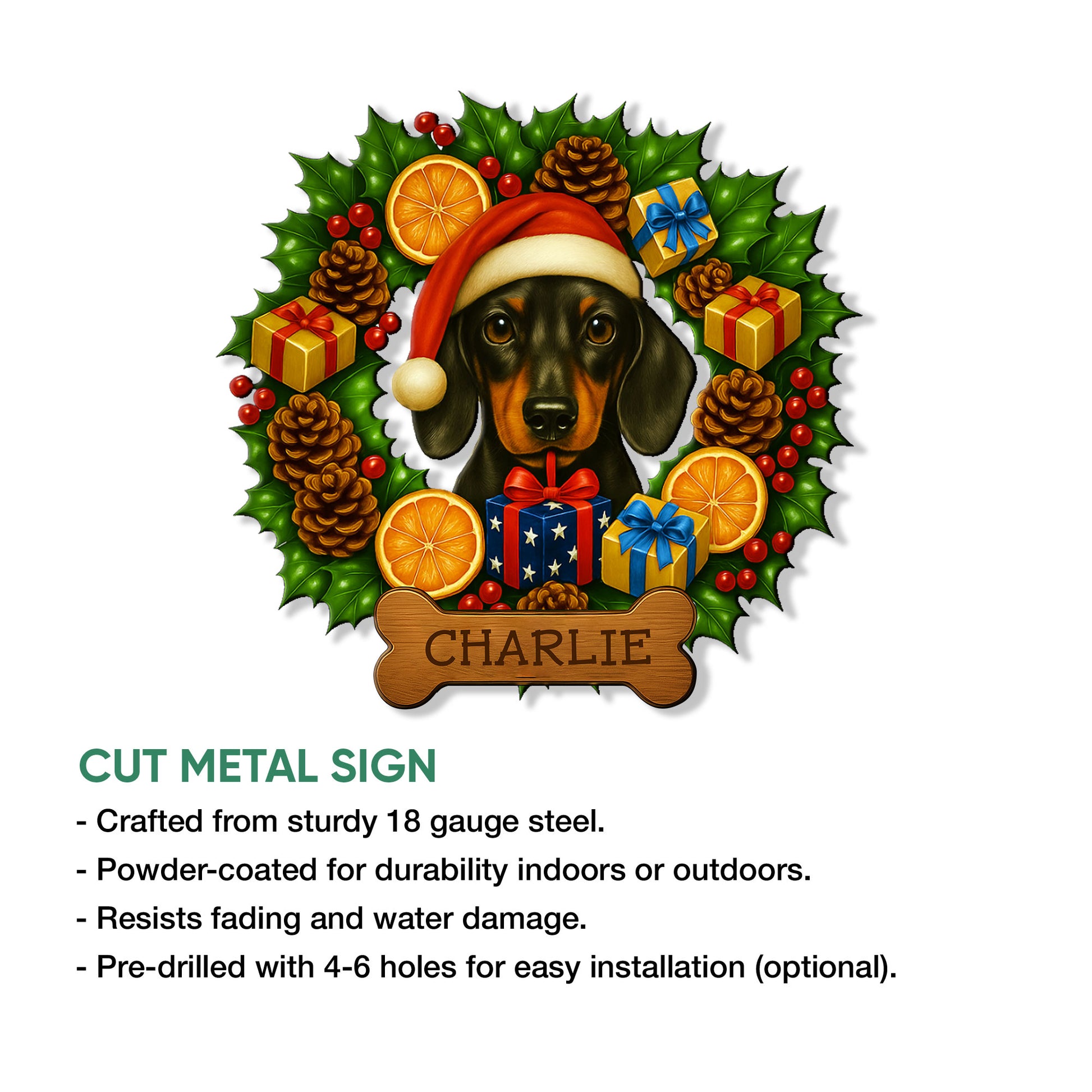 Dachshund Christmas metal sign shown in a product feature graphic with a festive wreath design