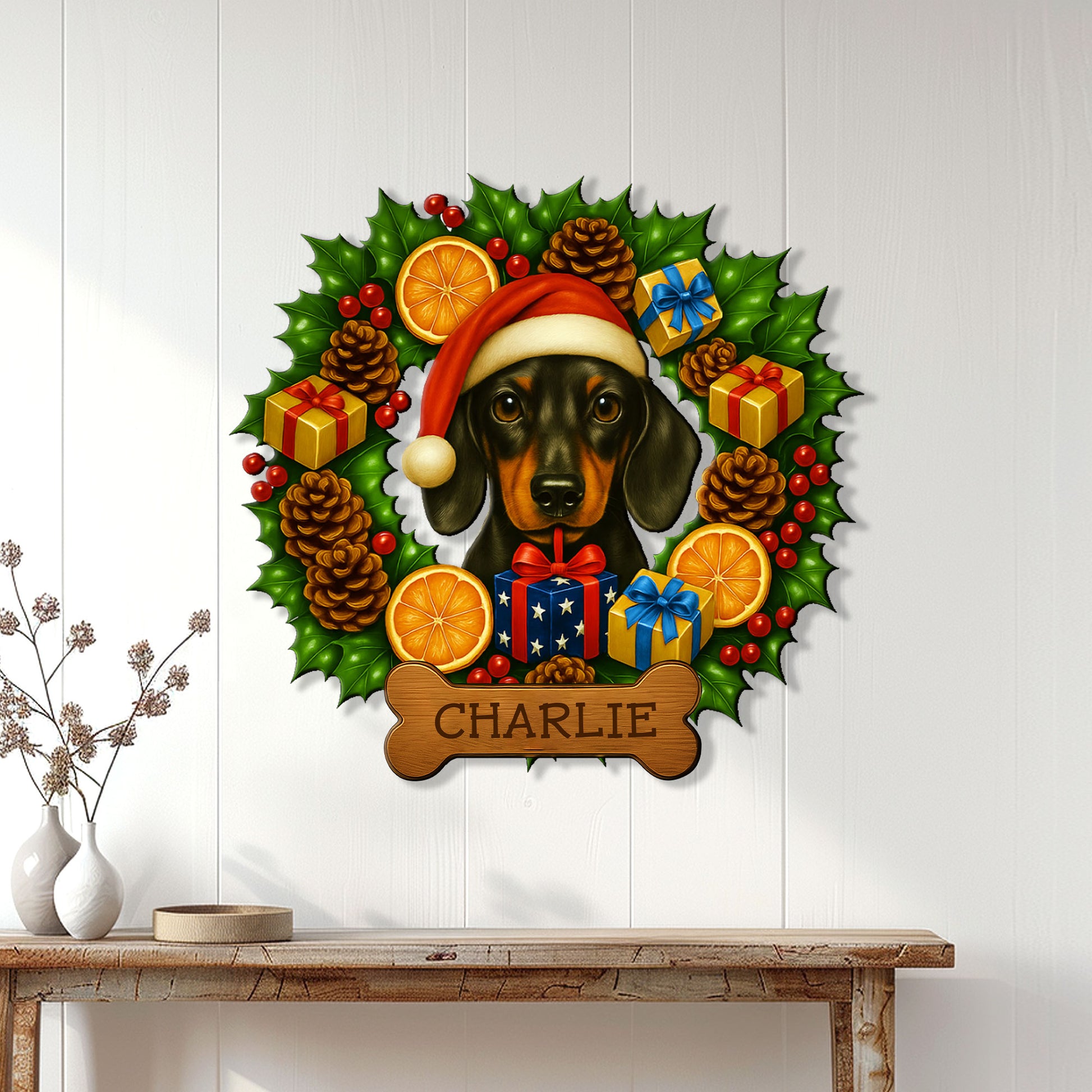 Festive dachshund metal sign displayed on a white paneled wall above a console table