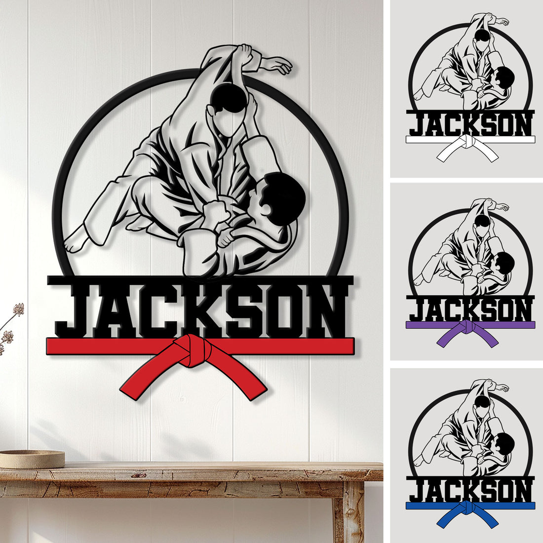 Custom Jiu Jitsu metal sign displayed on a wall with two grapplers in a circular design