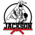 Close-up of two Jiu Jitsu athletes grappling in a striking black, white, and red sign design