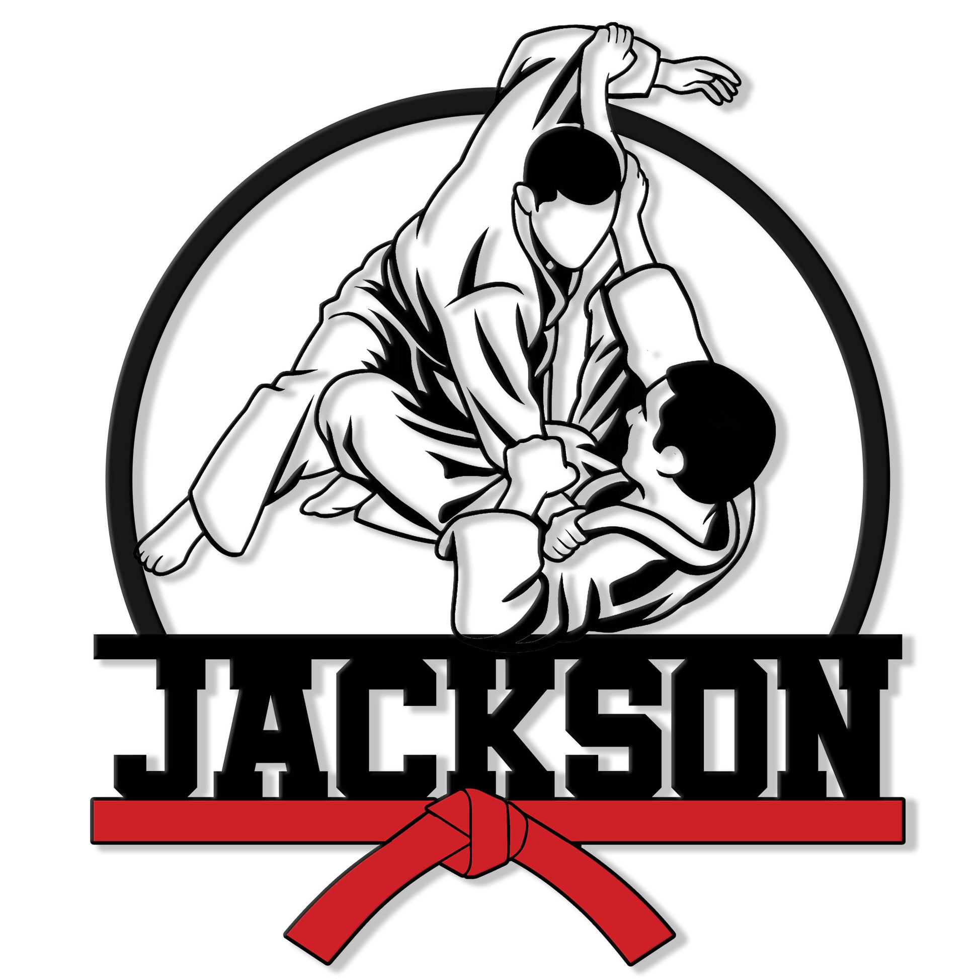 Close-up of two Jiu Jitsu athletes grappling in a striking black, white, and red sign design