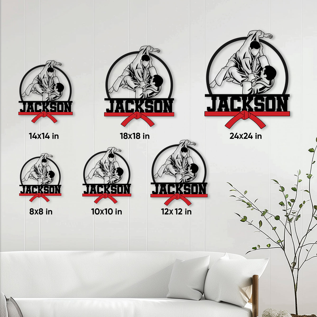 Jiu Jitsu wall sign shown in a living room with multiple size options displayed