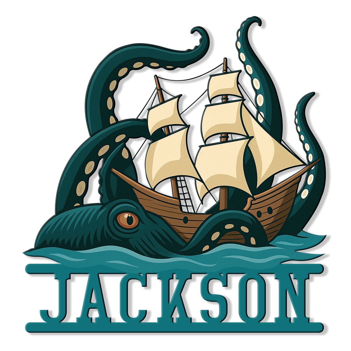 Custom pirate metal sign featuring a sailing ship surrounded by curling octopus tentacles and ocean waves