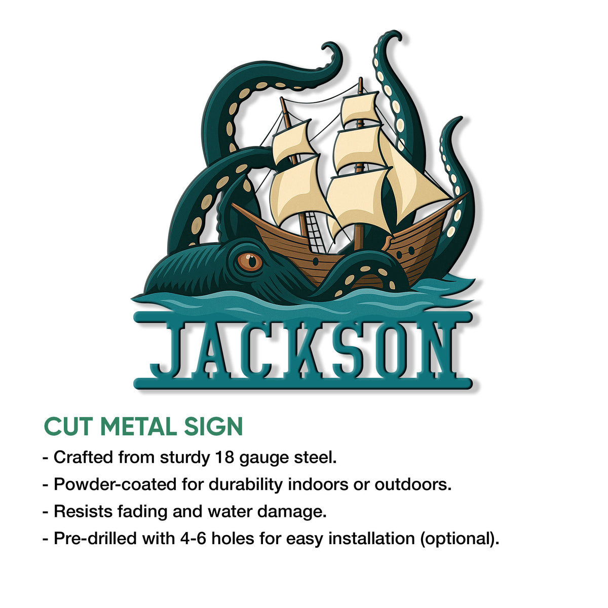 Pirate ship metal sign displayed with a cut-steel design and ocean monster artwork