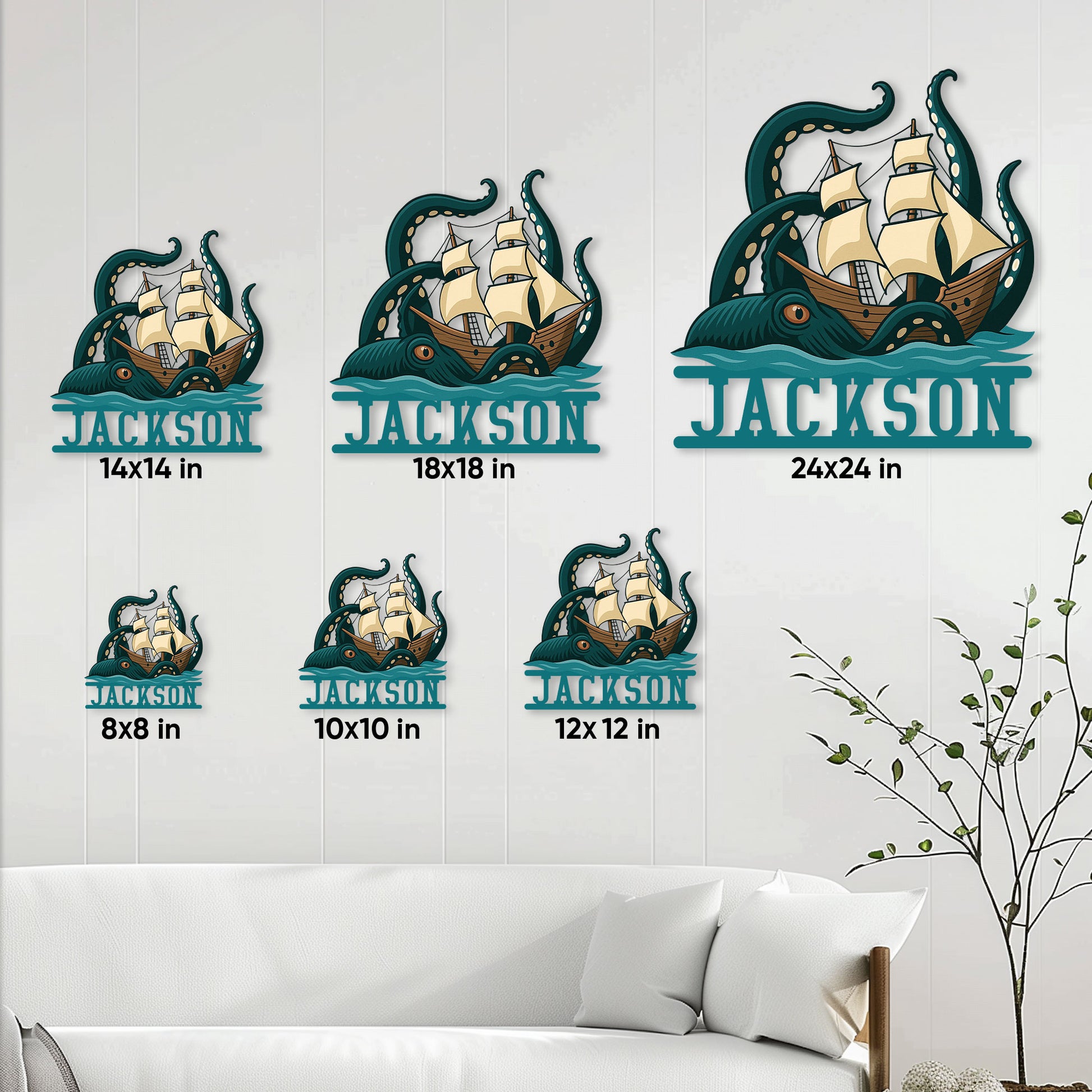 Pirate metal sign size guide showing available sizes from 8 by 8 inches to 24 by 24 inches