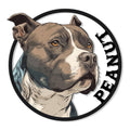 Custom Staffordshire Bull Terrier metal sign featuring a detailed close-up dog portrait in a circular design
