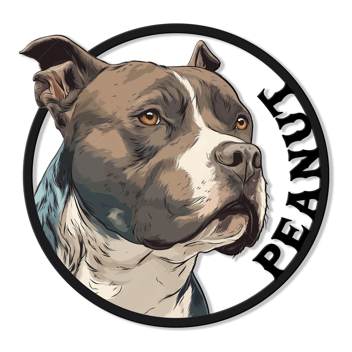 Custom Staffordshire Bull Terrier metal sign featuring a detailed close-up dog portrait in a circular design