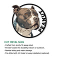 Staffordshire Bull Terrier cut metal sign shown with a bold circular portrait and sturdy wall decor design