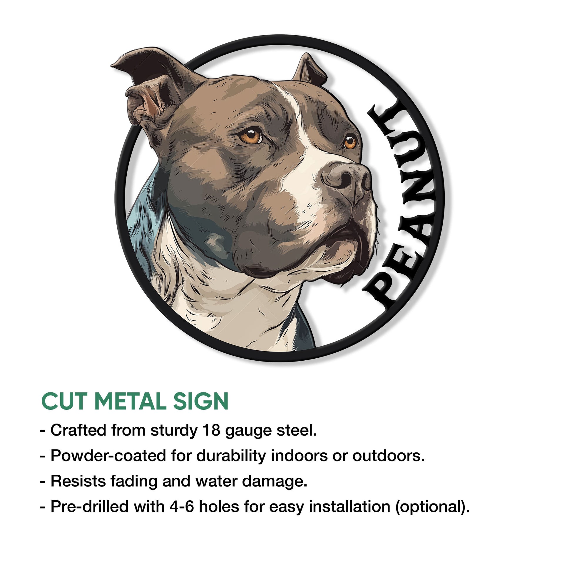 Staffordshire Bull Terrier cut metal sign shown with a bold circular portrait and sturdy wall decor design