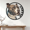 Staffordshire Bull Terrier portrait metal sign displayed as stylish dog lover wall decor in a bright home