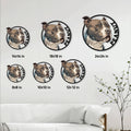 Staffordshire Bull Terrier metal sign size guide showing multiple circular sign sizes in a living room setting