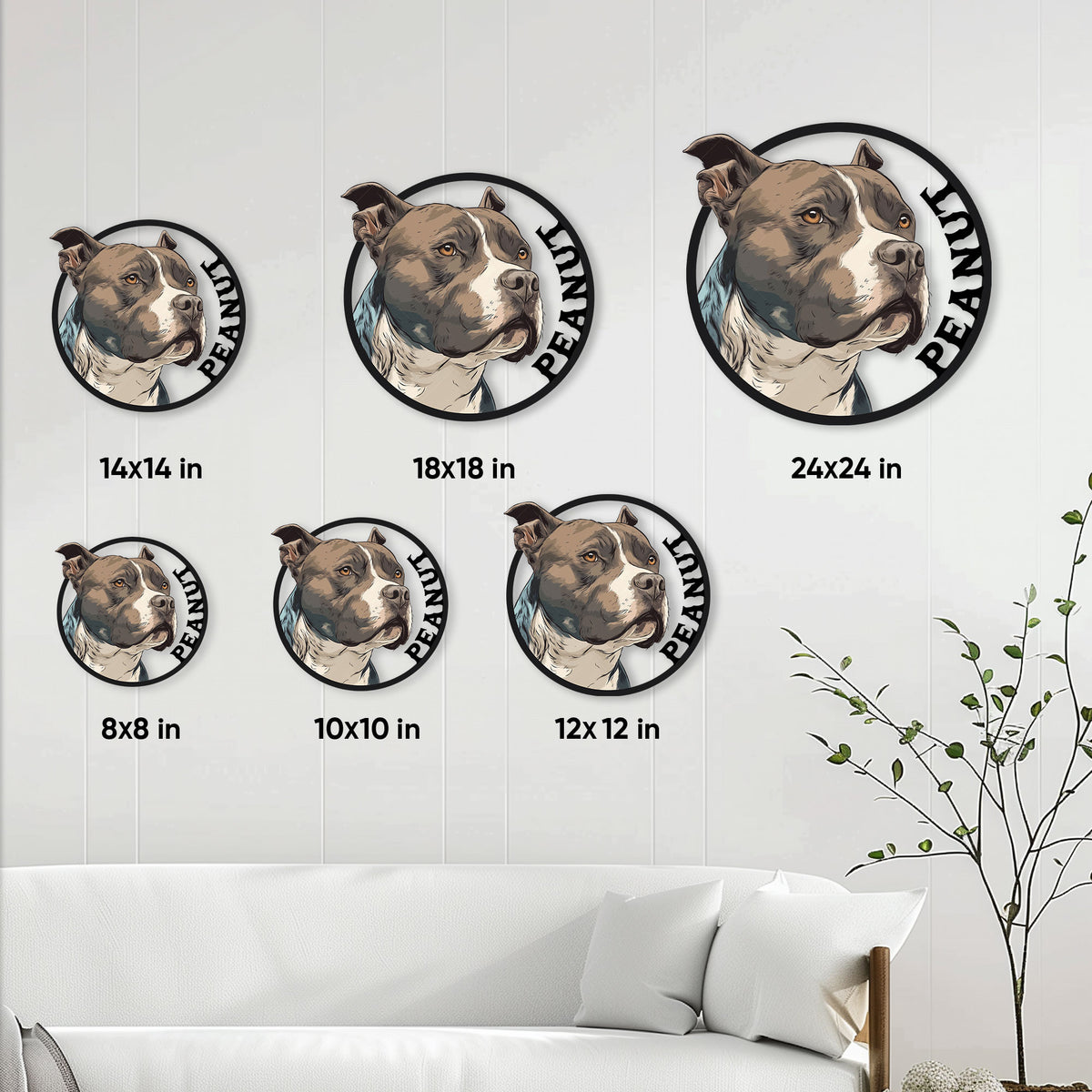 Staffordshire Bull Terrier metal sign size guide showing multiple circular sign sizes in a living room setting