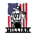 Custom baseball player metal sign featuring a batter with bat against a patriotic American flag design