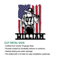 Baseball player cut metal sign shown in a product feature graphic with indoor and outdoor display details