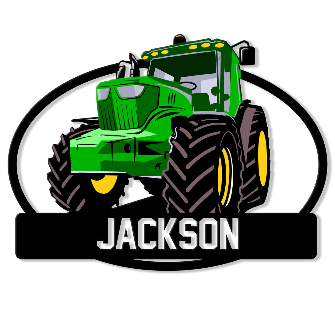 Custom tractor metal sign featuring a bold green farm tractor in a black oval frame