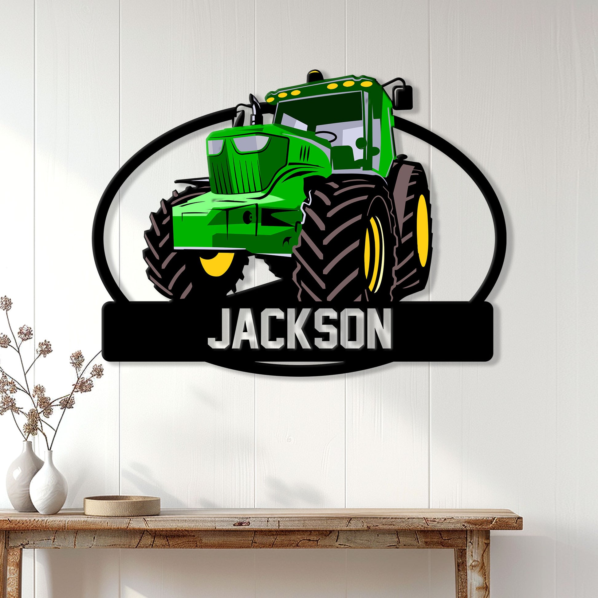 Green farm tractor wall sign displayed on a light wood-paneled wall above a console table