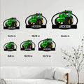 Tractor metal sign size guide showing six available square size options in a home setting