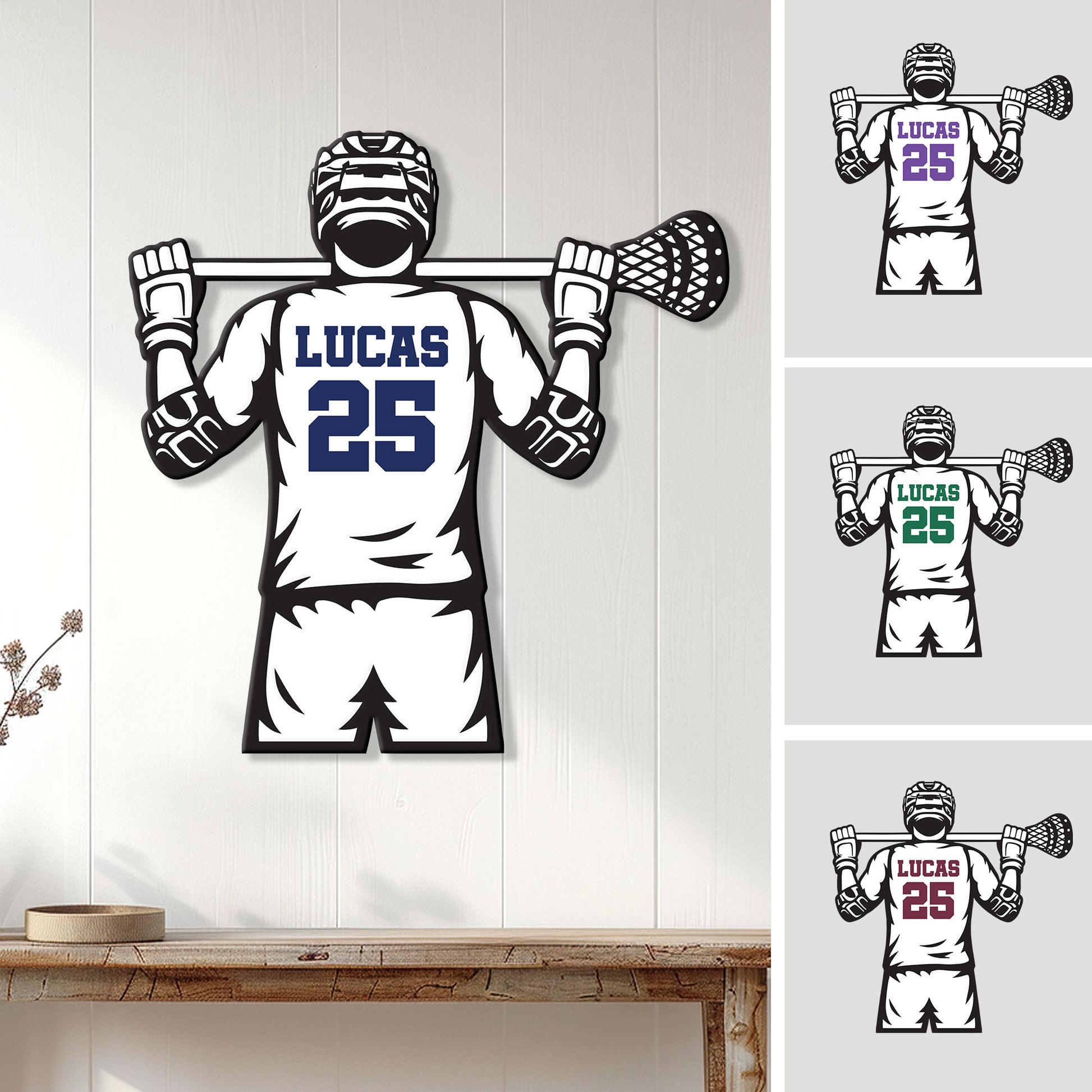 Custom lacrosse player metal sign displayed on a wall with multiple color options shown