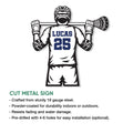 Cut metal lacrosse player sign featuring a helmet, gloves, stick, and athletic jersey design