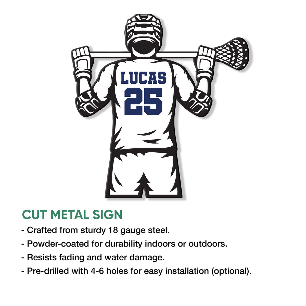 Cut metal lacrosse player sign featuring a helmet, gloves, stick, and athletic jersey design
