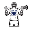 Close-up lacrosse wall sign showing a fully equipped player holding a lacrosse stick