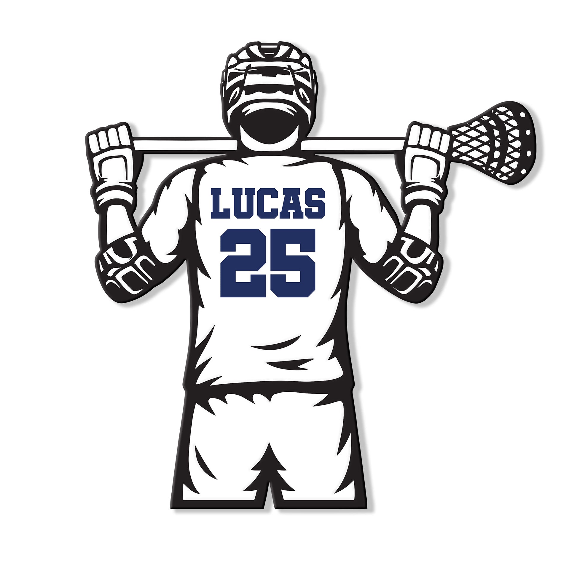 Close-up lacrosse wall sign showing a fully equipped player holding a lacrosse stick