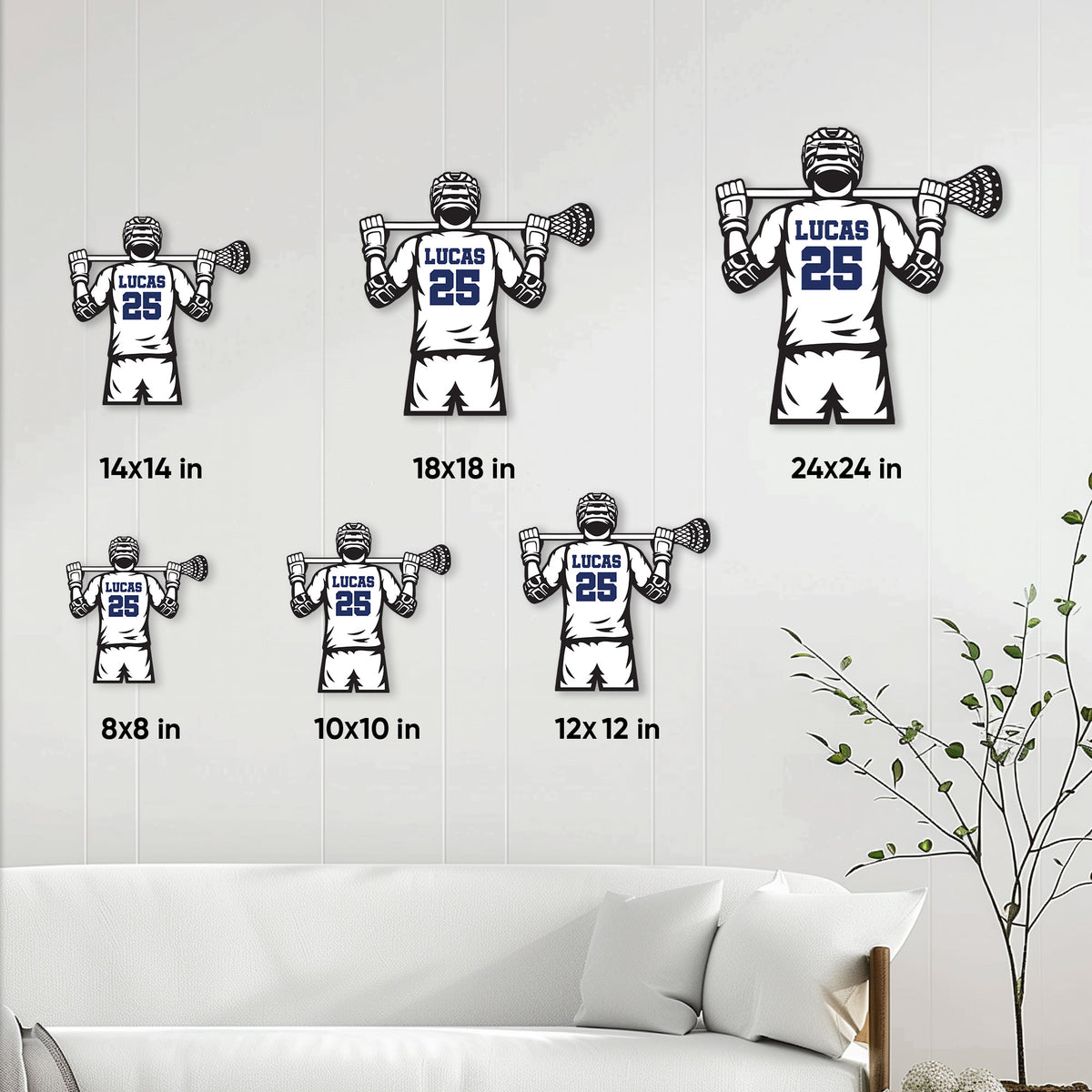 Lacrosse player metal sign shown in multiple size options on a modern wall
