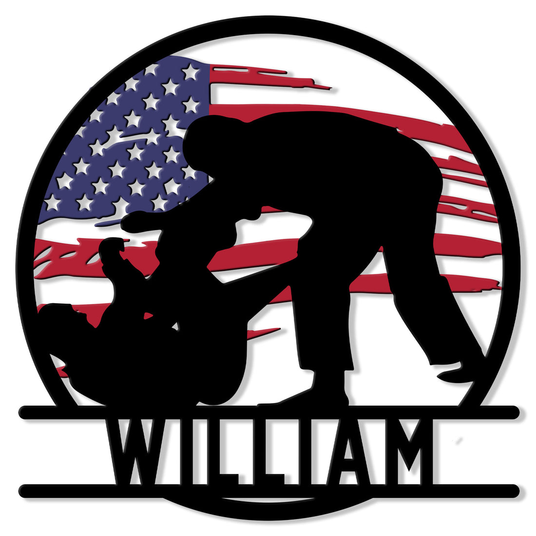 Jiu Jitsu metal sign with two grapplers silhouetted against a distressed American flag design