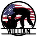 Jiu Jitsu metal sign with two grapplers silhouetted against a distressed American flag design