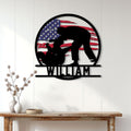 Jiu Jitsu wall sign displayed above a console table, featuring grapplers and an American flag background