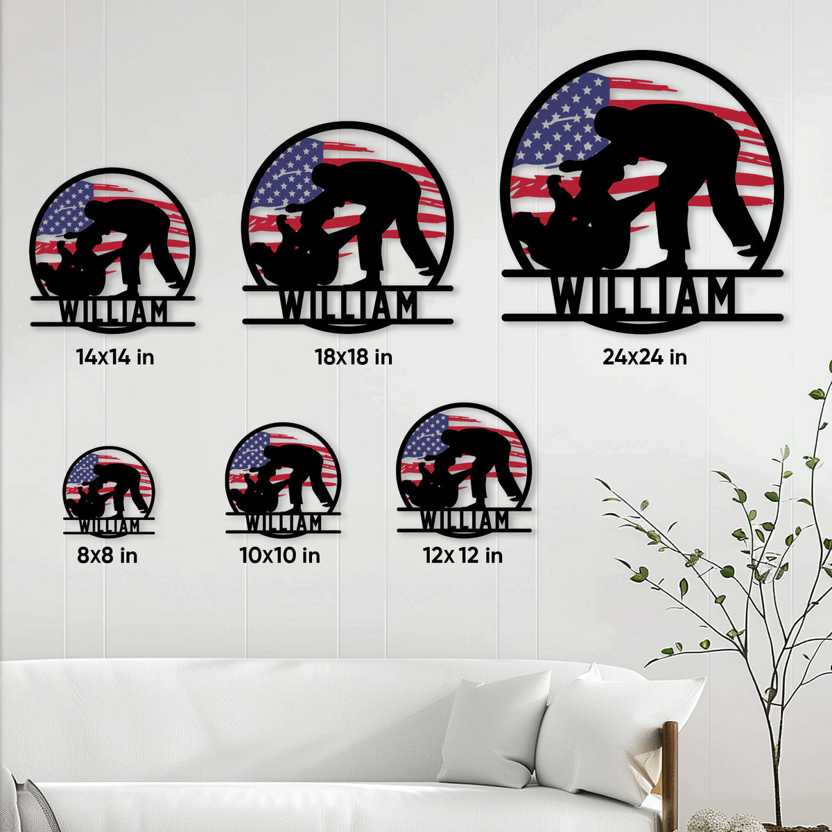Jiu Jitsu metal sign size guide showing available square sizes from 8 by 8 to 24 by 24 inches