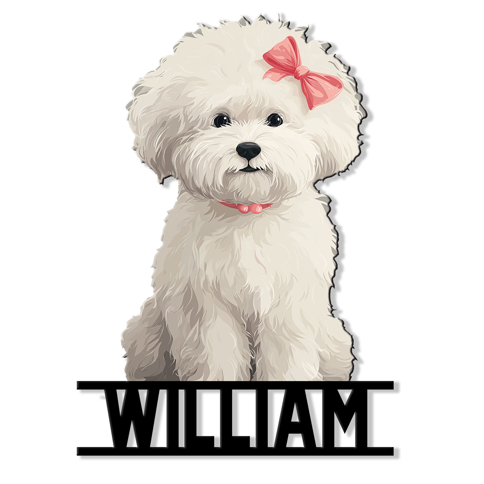 Bichon Frise metal sign featuring a fluffy white dog with a pink bow and bold nameplate design