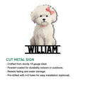 Bichon Frise cut metal sign shown in an informational graphic with indoor and outdoor display features
