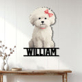 Bichon Frise wall sign displayed on a light paneled wall above a rustic console table