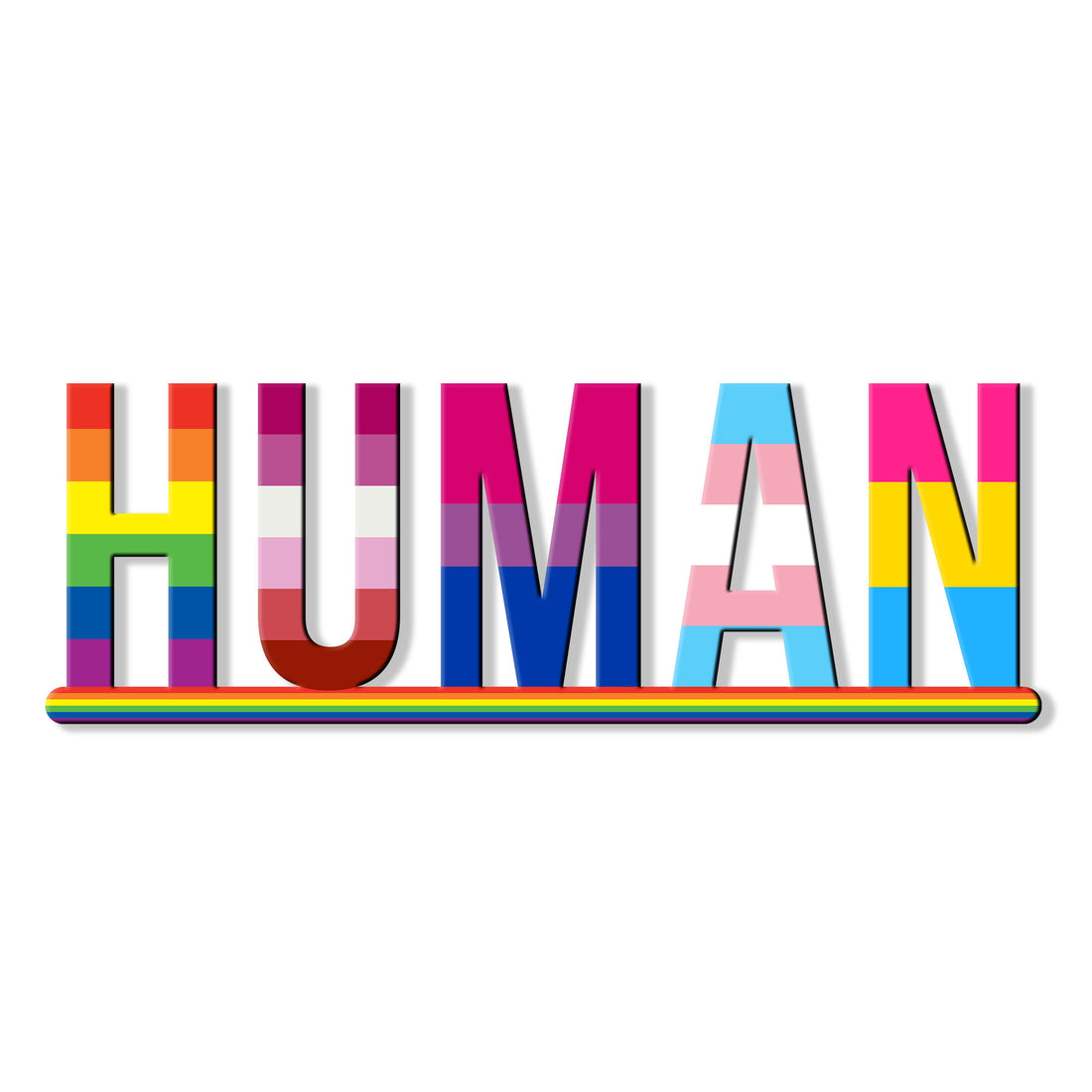 Colorful LGBTQ pride metal sign featuring the word HUMAN in multiple pride flag designs