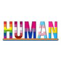 Colorful LGBTQ pride metal sign featuring the word HUMAN in multiple pride flag designs