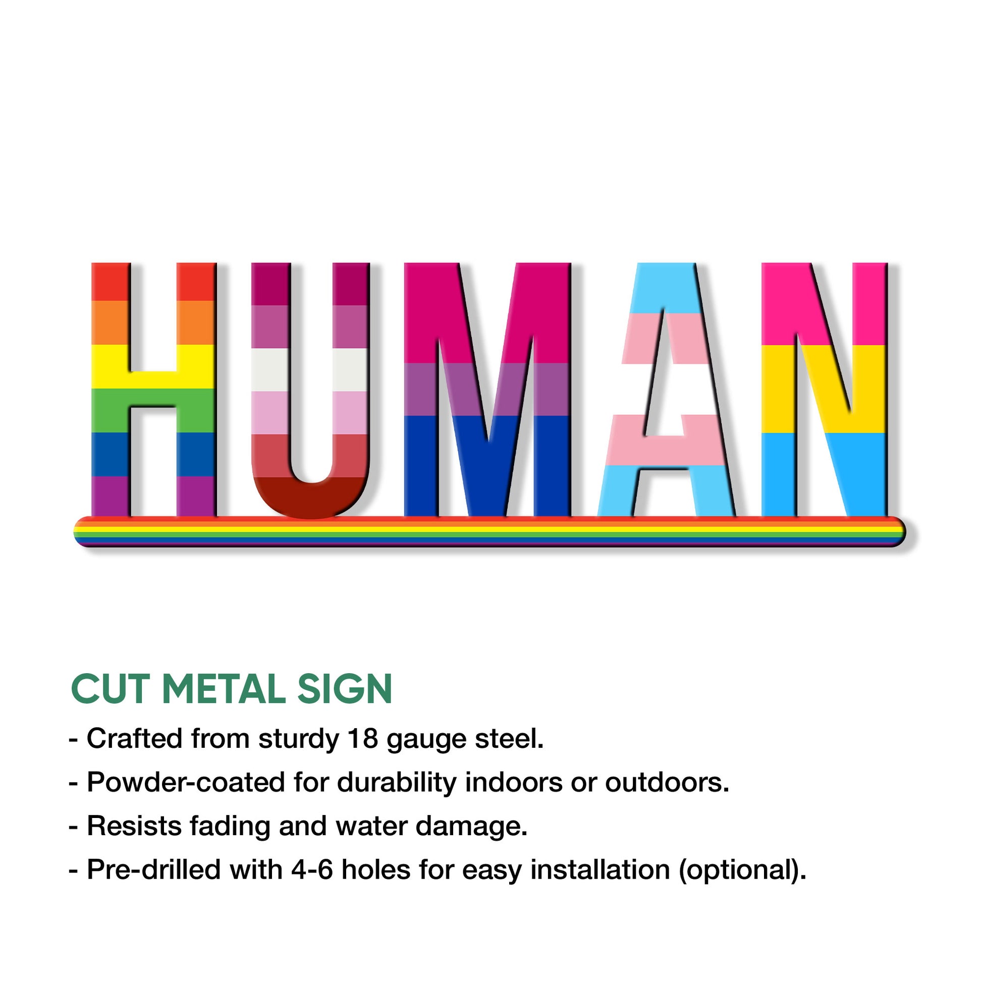 Close-up LGBTQ pride HUMAN metal wall sign with vibrant flag colors and cut metal construction