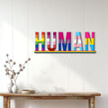 LGBTQ pride HUMAN metal sign displayed on a light paneled wall above a console table