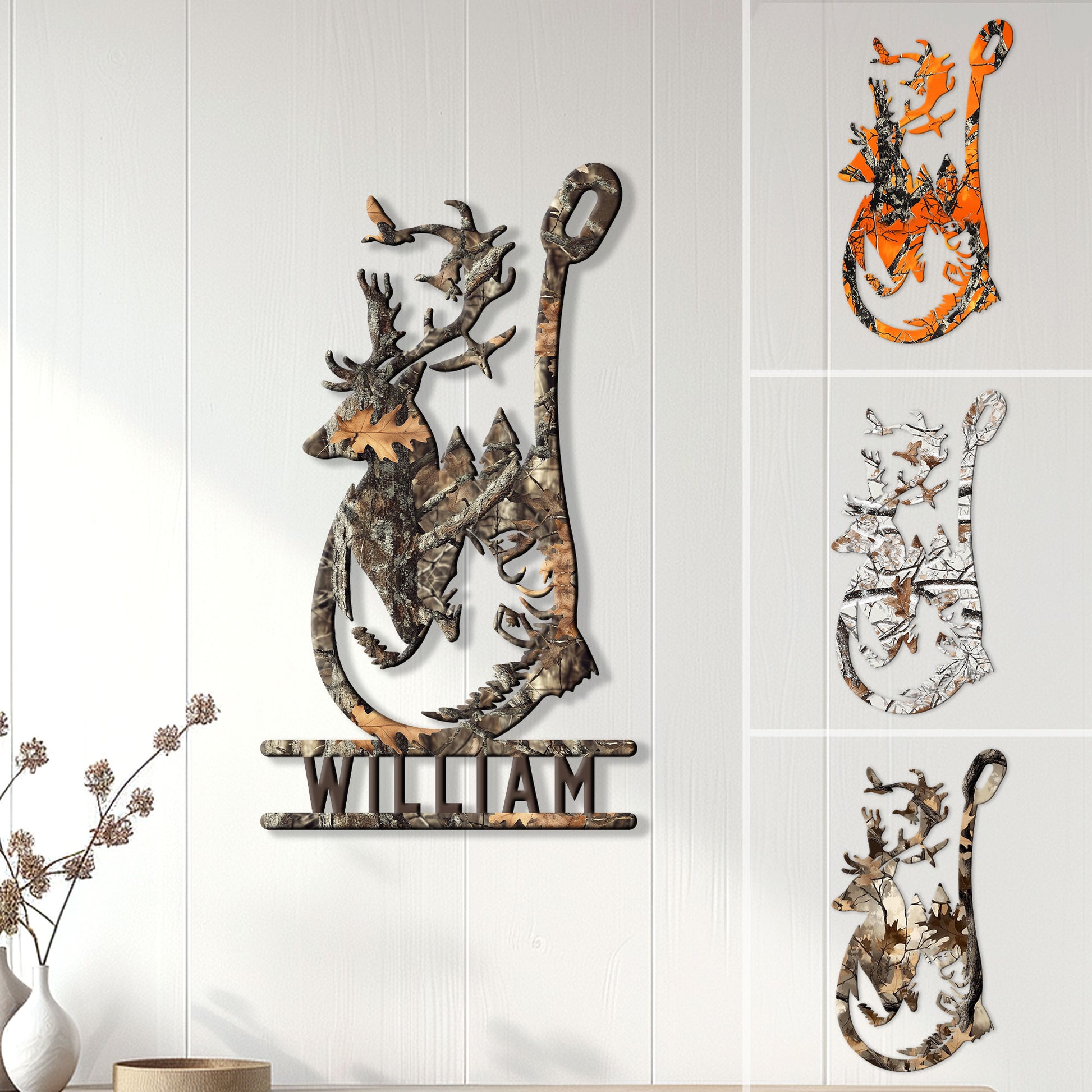 Custom camouflage deer hunter metal sign displayed on a wall with alternate color options shown beside it