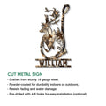 Cut metal deer hunting sign featuring a woodland camouflage buck silhouette and antlers
