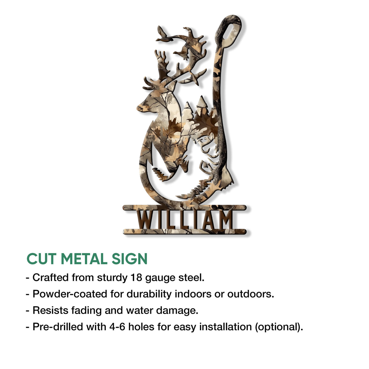 Cut metal deer hunting sign featuring a woodland camouflage buck silhouette and antlers