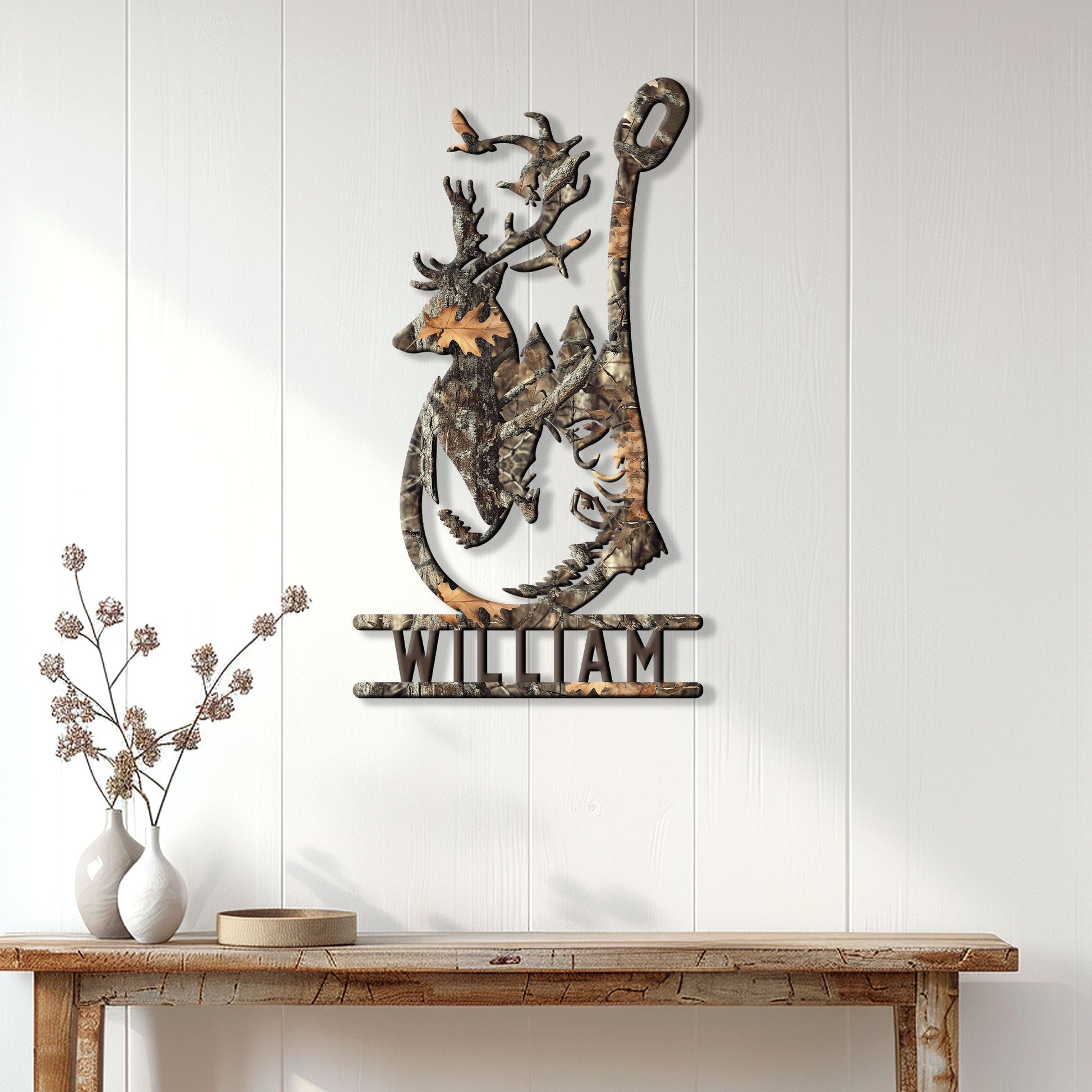 Camouflage deer metal wall sign styled in a bright entryway above a rustic console table