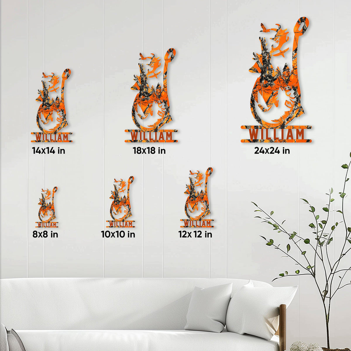 Deer hunter metal sign size guide showing available 8x8, 10x10, 12x12, 14x14, 18x18, and 24x24 inch options