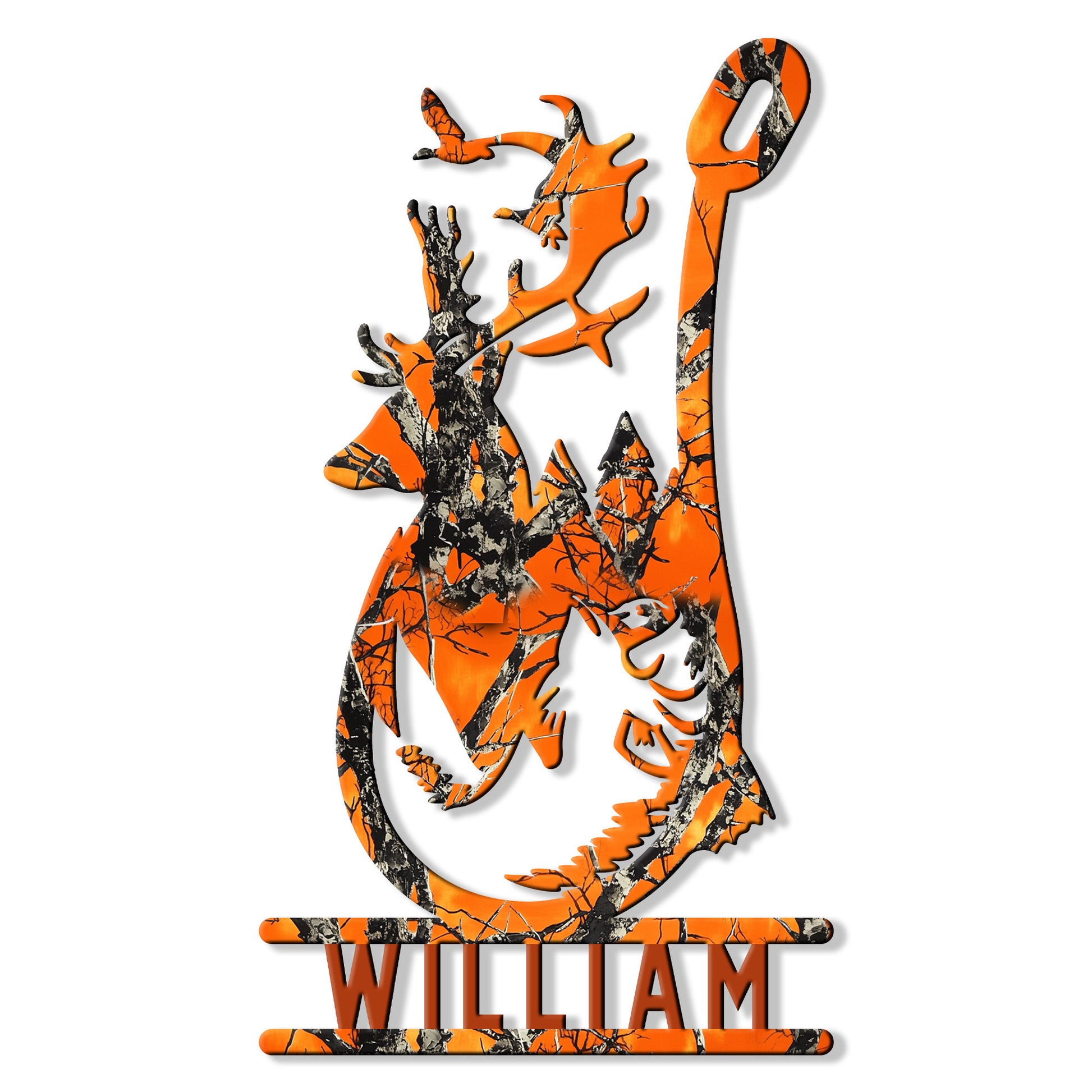Orange and black camouflage deer hunting metal sign with a bold buck silhouette and antlers