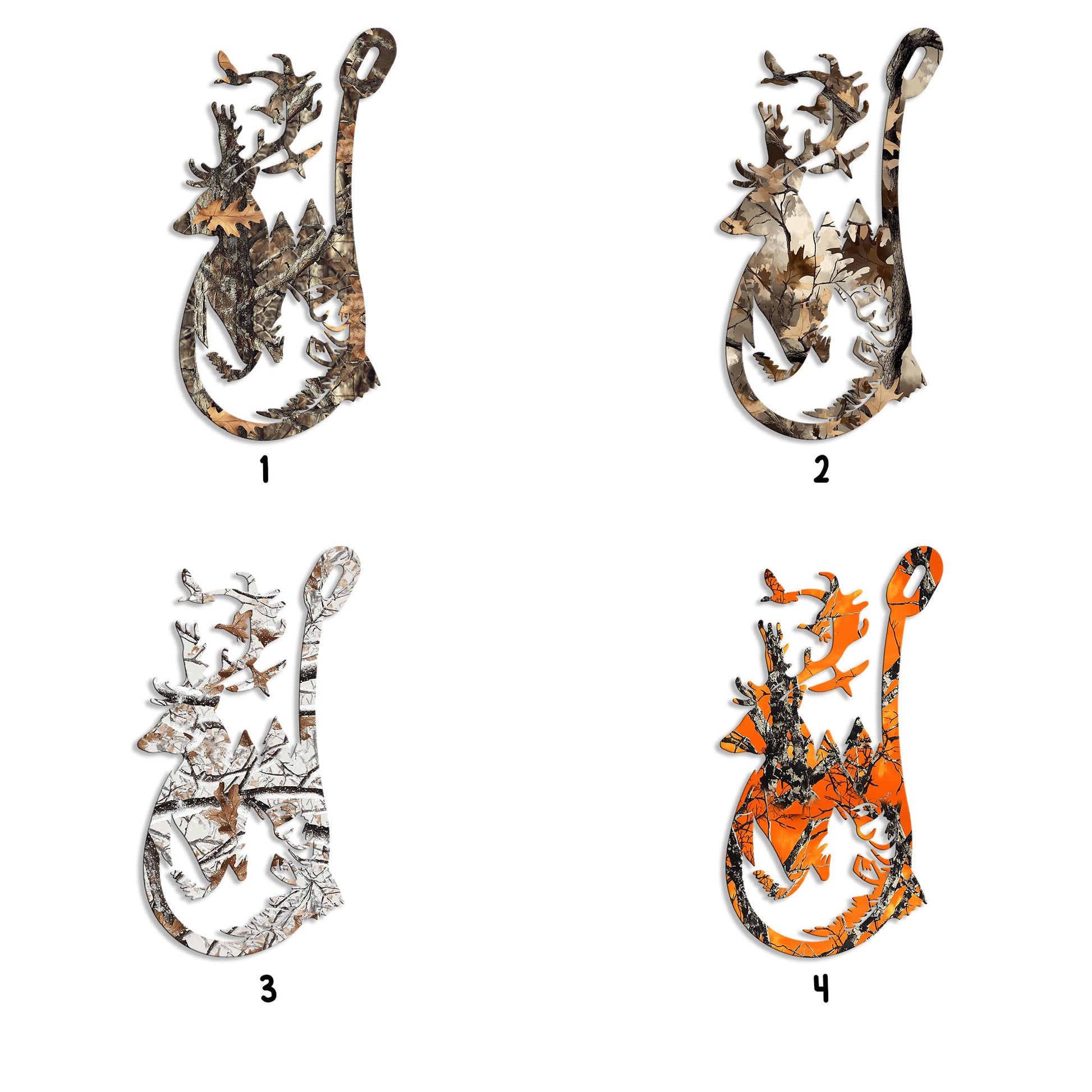 Color selection guide displaying four camouflage finish options for the deer hunting metal sign