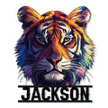 Colorful geometric tiger portrait metal sign with bold cutout lettering beneath the face