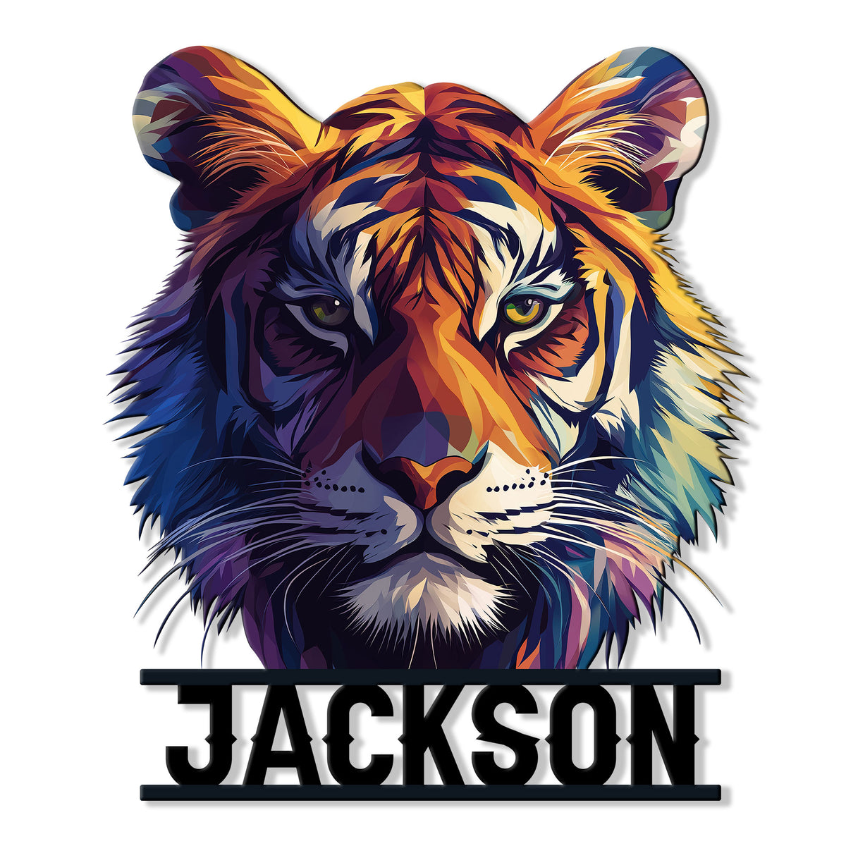 Colorful geometric tiger portrait metal sign with bold cutout lettering beneath the face