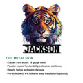 Tiger metal sign shown with a vibrant multicolor portrait and product feature information