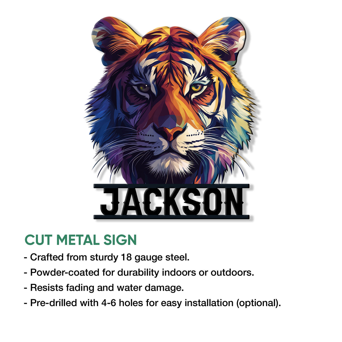 Tiger metal sign shown with a vibrant multicolor portrait and product feature information