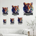 Tiger metal sign size guide showing six available square sizes from 8 by 8 to 24 by 24 inches